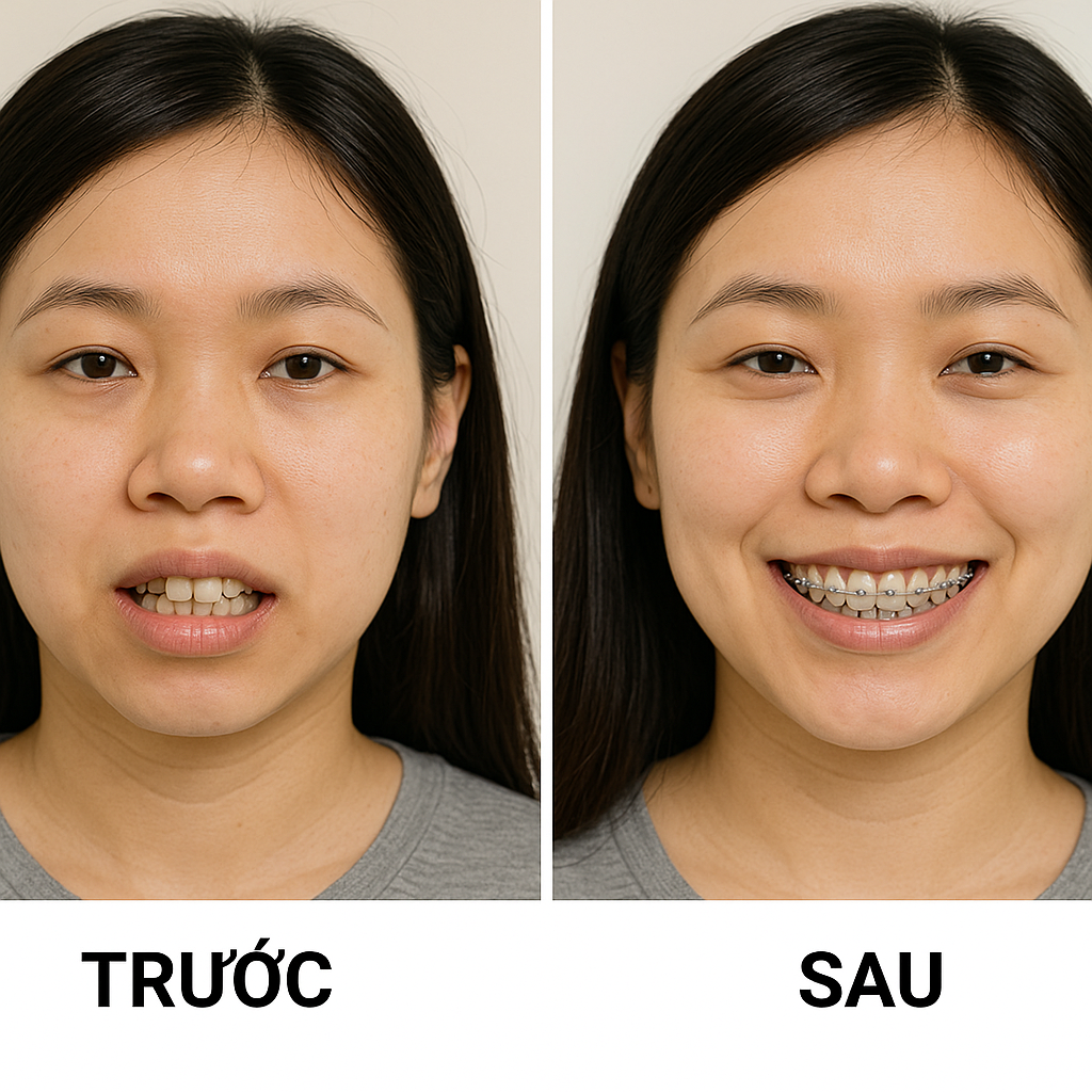 Hình ảnh khách hàng trước và sau khi niềng răng mắc cài tại Lạng Sơn, cải thiện răng hô và khớp cắn.